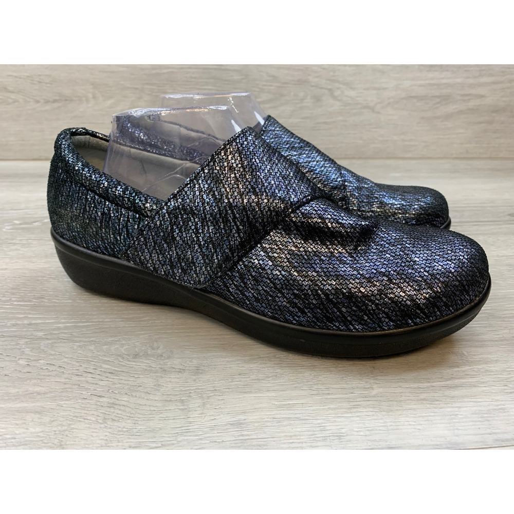 Alegria Laura Metallic Blue Black Leather Slip On Loafers 11.5 W Comfort Shoes